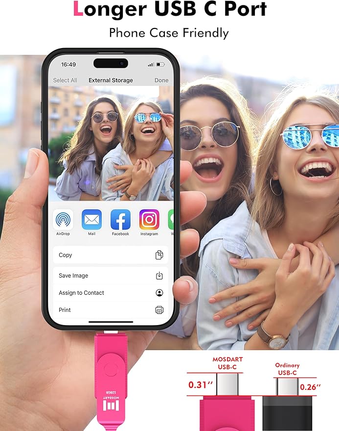 MOSDART 128GB USB3.1 Fast Speed C and A Dual Flash Drive, exFAT Memory Stick with Keychain and LED Indicator, for iPhone 15 and 16, Android Phone, iPad, MacBook, and Other Laptops, Hot Pink