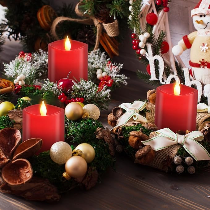 3x3 Flickering Flameless Candles Set of 3, LED Battery Candles,with Timer, 3 inch Flameless Candles with Remote, for Holiday Home Decor,Red