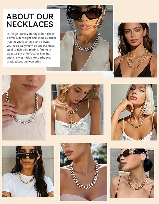ChainsHouse Cuban Link Chain for Women Chunky Gold Necklace Stainless Steel/Gold Plated Choker Necklaces for Women, 12/16/20 mm Width Thick Chain Choker Punk Hip-Hop Jewelry,18-20"