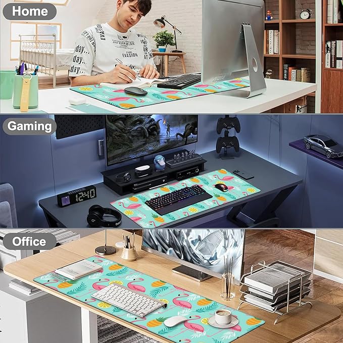 Pink Flamingo Desk Mat,Large Summer Flamingos Pineapples Tropical Leaves Gaming Keyboard Mouse Pad,Non-Slip Rubber Base Desk Pad Thick Stitched Edges Waterproof Mousepad Mouse Mat 31.5"x11.8"