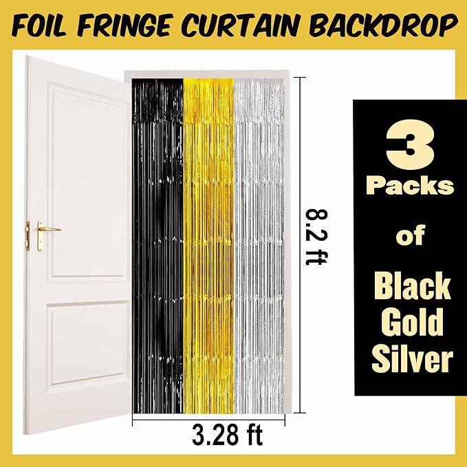 3 Pack Black Gold Silver Foil Fringe Curtains Backdrop, 3.28 x 8.2 Ft Metallic Streamers Tinsel Curtains Background for Photo Booth, Birthday, Halloween, Christmas, New Year Party Decorations