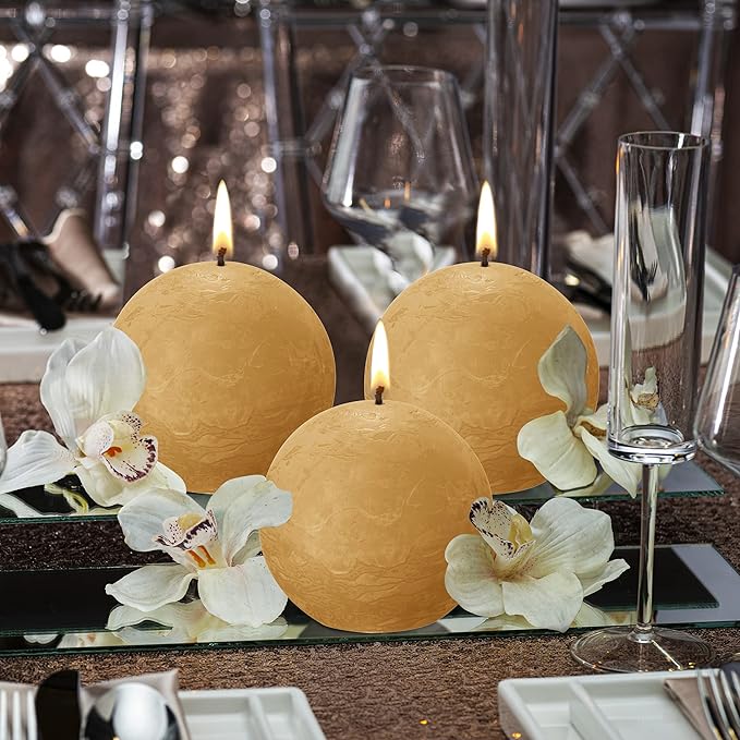 BOLSIUS 3 Pack Yellow Rustic Ball Pillar Candles - 3 Inch - Premium European Quality - Includes Natural Plant-Based Wax - Unscented Dripless Smokeless 25 Hour Party Décor and Wedding Candles