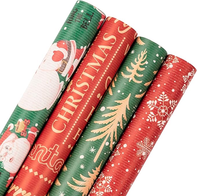 RUSPEPA Kraft Wrapping Paper Rolls - 17 inches x 10 feet per Roll, Total of 4 Rolls, Santa Claus, Snowflake and Christmas Tree Design