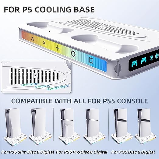 ZYTHRONE PS5/Pro/Slim Stand for Disc & Digital Console, PS5 Cooling Station with Dual Controller Charger for Playsation 5, RGB Light, Cooling Fan, Headset Holder,DIY