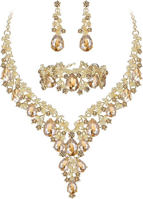 BriLove Women's Wedding Bridal Austrian Crystal Teardrop Flower Cluster Statement Necklace Dangle Earrings Jewelry Set for Party Prom