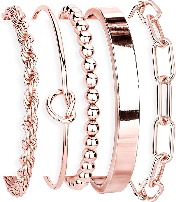 Gold Bracelets Set for Women Non Tarnish, 14K Gold Plated Sterling Silver Chunky Cuff Bracelet Stackable Gold Bangles Bracelet for Women Trendy Fashion Accessories Tie Knot Cuban Rope Paperclip Beaded Bracelet Stack Jewelry Valentines Day Gifts