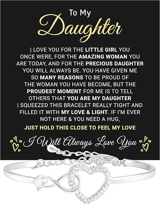 Daughter Infinity Heart Bracelet, Daughter Jewelry Gift From Mom or Dad with Message Card and Box Meaning