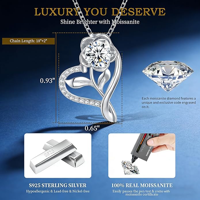 Gorgeous Moissanite Necklaces for Women - Valentine's Day Gifts for Wife Girlfriend, 925 Sterling Silver 1-3CT Moissanite Pendant Jewelry, Wedding Anniversary Birthday Christmas for Mom