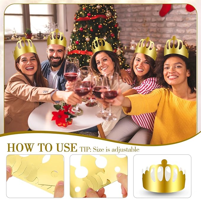 Crtiin 100 Pcs Gold Paper Crowns Birthday Party Bulk for Adults Classroom Students Hat Supplies Favors (Round Style)