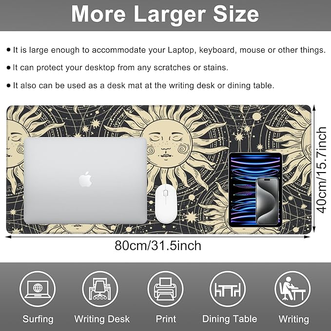 Mouse Pad, Large Golden Sun with a Face and Orbits Desk Mat, Extended Non-Slip Gaming Keyboard Mousepad Desk Pad, Thick Stitched Edges Waterproof Mouse Mat 31.5"x15.7" (Boho Pattern)