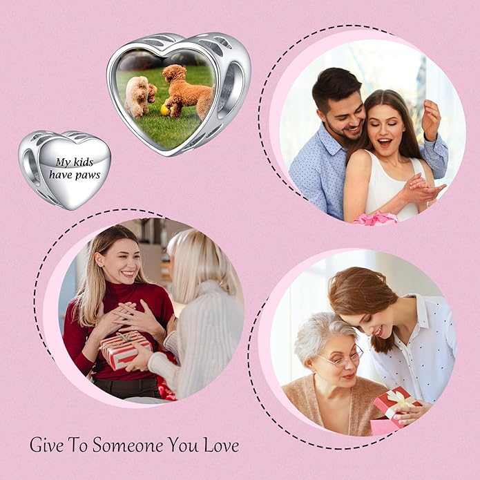 Annmors Personalized Photo Charms For Bracelets/Necklace 925 Sterling Silver Love Heart Shaped Engraved Customize Picture Gift for Birthday Mother's Day,Bead Charms Jewelry for Women