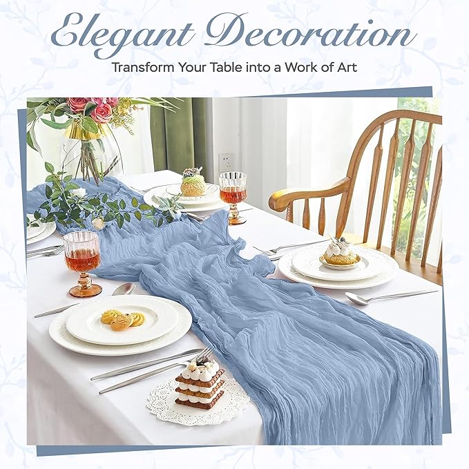 Cheesecloth Table Runner 6 Pack – 35x120 Inch (10ft) Boho Rustic Gauze Cloth Runners – Crinkle Polyester Table Decor for Wedding, Baby Shower, Bridal Shower, Birthday Party and More (Dusty Blue)