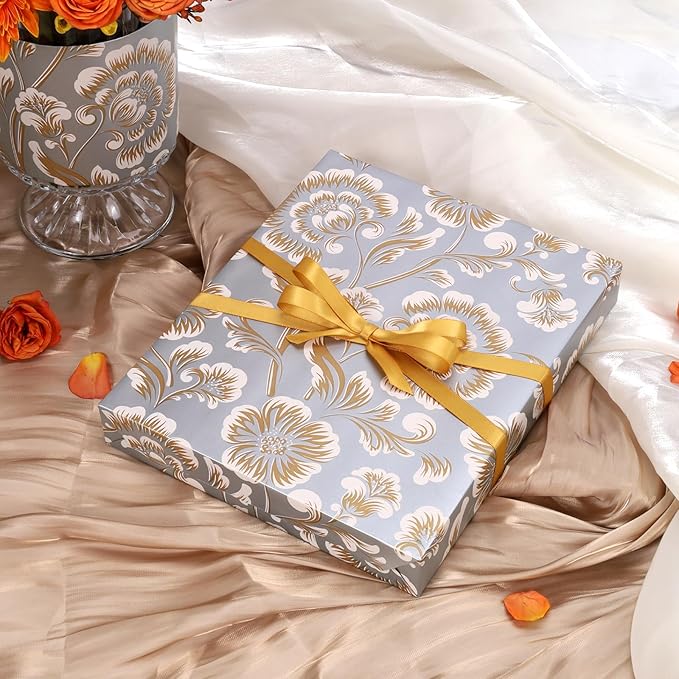 LaRibbons Reversible Floral Wrapping Paper Roll, 17Inch x 33 Feet (46.7 Sq. Ft) – Double-Sided Gold Peony Design for Wedding, Mother’s Day, Bridal Shower & Birthday