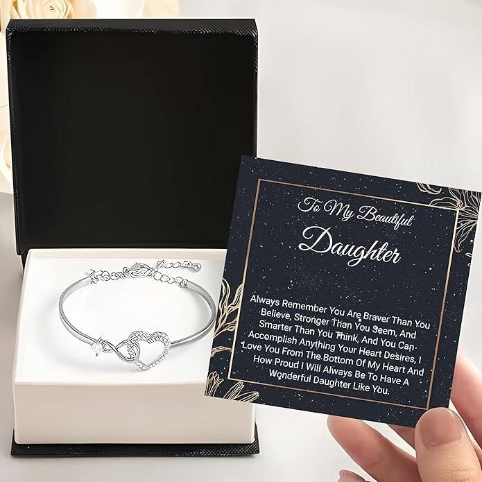 Daughter Infinity Heart Bracelet, Daughter Jewelry Gift From Mom or Dad with Message Card and Box Meaning