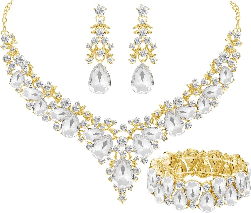 Elegant Bridal Wedding Jewelry Set for Women/Brides/Bridesmaids Teardrop Crystal Leaf Cluster Jewelry Set for Wedding Prom Party Bridal Bridesmaids Rhinestone Crystal Necklace Earrings Bracelet Set