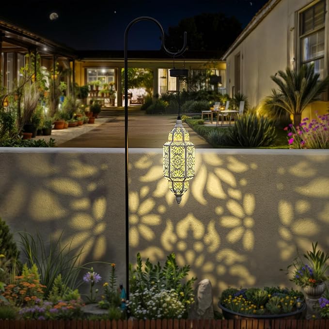 Twinkya 2 Pack Hanging Solar Lights Outdoor Garden Decorative Solar Lantern Waterproof Metal Moroccan Outdoor Decorations for Patio Pathway Yard Porch Backyard Garden Decor (White, 2 Pack)