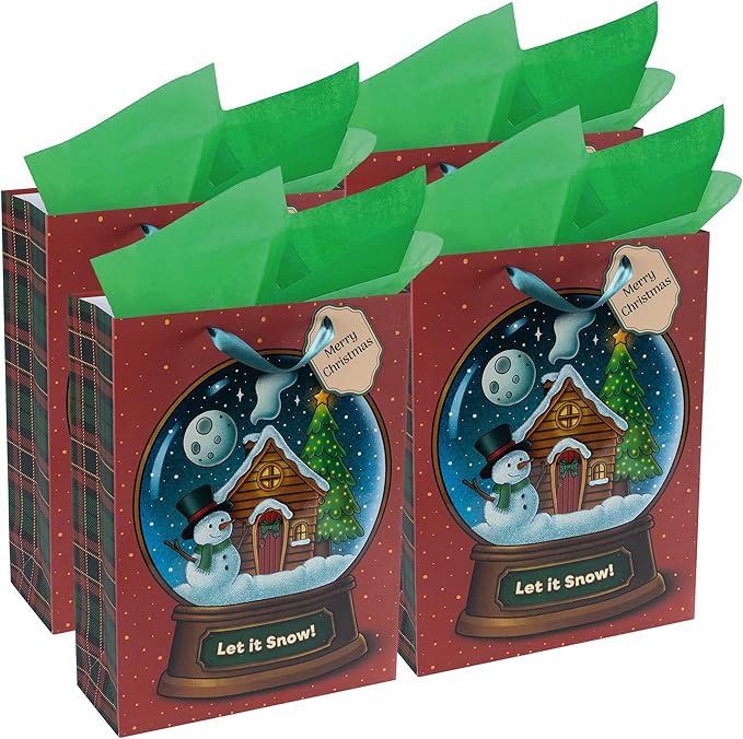 RACHELLE'S Snow Globe Christmas Gift Bags – Large 16"x12"x5" (4-Pack) – Sturdy Paper Gift Bags with Tissue Paper, Tag and Handle – Let It Snow – Perfect for Christmas Holiday Gifting & Party Favors
