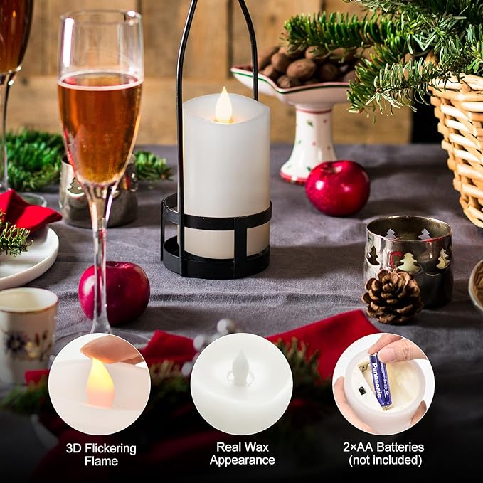 2PCS, 3 x 5 inches Flameless Candle with Remote Control, 3D Flickering Wick, Real Wax Pillar LED Candles, Battery Operated Candles,with Timer,for Holiday Home Decor,White