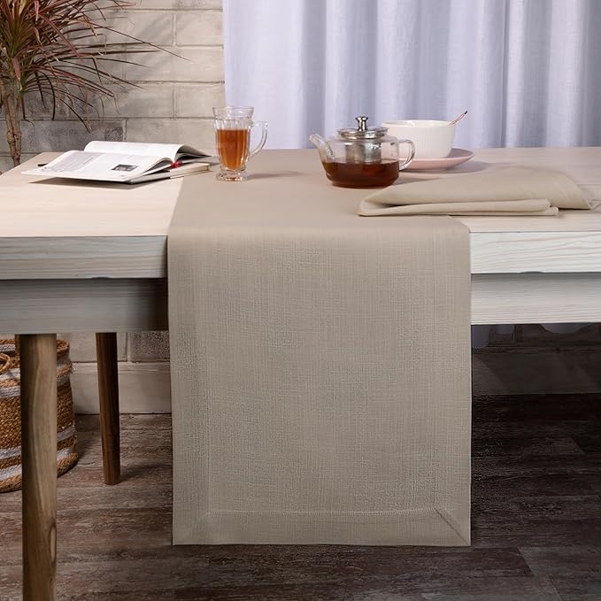 D'Moksha Homes Natural Table Runner 14 x 60 Inch - Faux Linen Table Runner - Wrinkle Resistant, Machine Washable Ideal for Dresser, Coffee Tables, Thanksgiving, Christmas - 100% Recycled Fabric