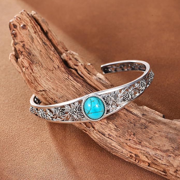 Genuine Turquoise Cuff Bracelet for Women, Sterling Silver Western Vintage Floral Bangle Native American Jewelry, For 6.5-7.5 Inch Wrists