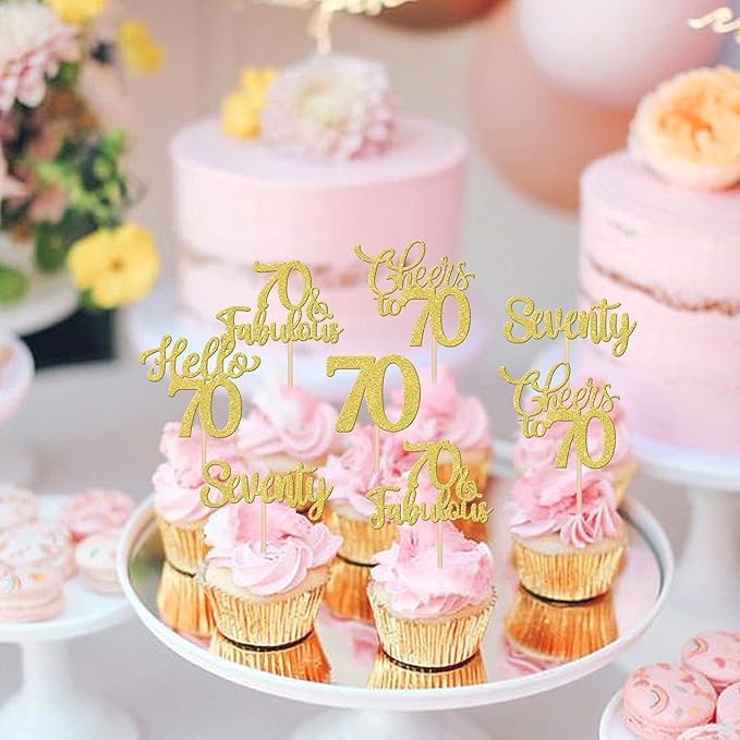 30PCS Happy 70th Birthday Cupcake Toppers Glitter Hello 70 Fabulous Seventy Cheers to 70 Years Old Birthday Cupcake Picks for Happy 70th Birthday Anniversary Party Cake Decorations Supplies Gold