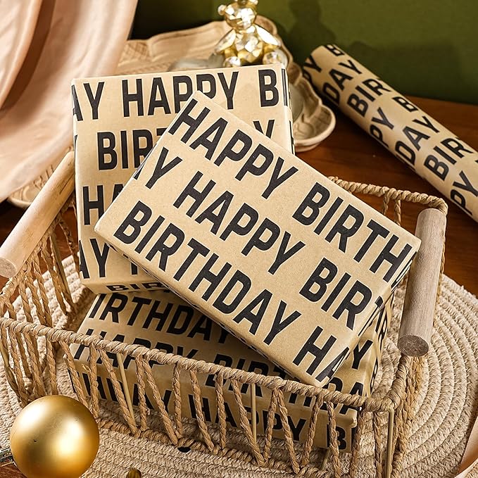 WRAPAHOLIC 30 Inch Jumbo Birthday Wrapping Paper Roll - 30 Inch x 33 Feet - Black Happy Birthday Wrapping Paper for Men Women Party Celebration
