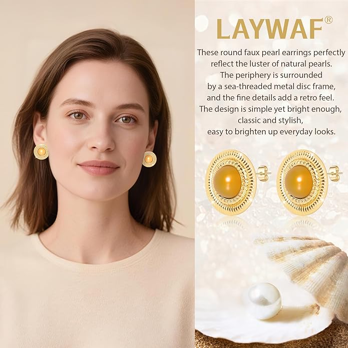 Faux Pearl Gold Plated Stud Earrings for Women, Hypoallergenic Stainless Steel Ear Pin, Available in a Variety of Pearl Colors