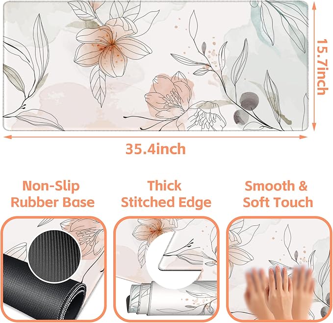 Mouse Pad Large Flowers Watercolor Texture Non-Slip Gaming Desk Mat with Stitched Edge Laptop Keyboard Desk Pad for Work Home Gaming (35.4 x 15.7 Inches)