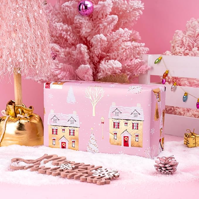 WRAPAHOLIC 30 Inch Jumbo Reversible Christmas Wrapping Paper - 30 Inch x 100 Feet Jumbo Roll Pink House and Solid Pink Wrapping Paper with Metallic Foil Shine for Chrsitmas, Holiday, Party