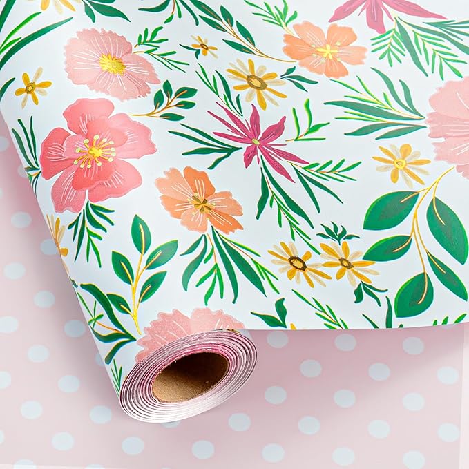 MAYPLUSS Flower Wrapping Paper Roll, Gold Design Floral Gift Wrap For Mothers Day, Wedding, Bridal Shower, Birthday, 17 Inch x 33 Feet