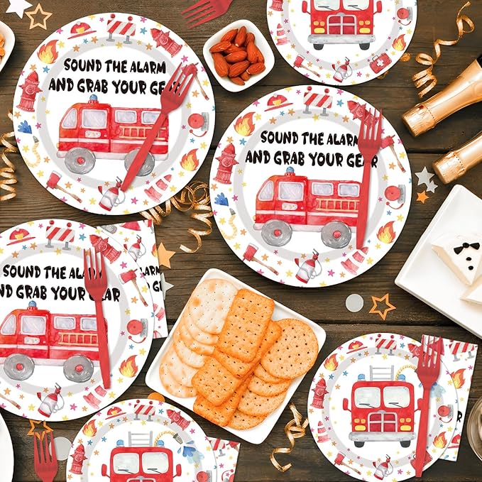 Firetruck Birthday Party Decorations - 96PCS Fire Truck Plates and Napkins Party Supplies Firefighter Birthday Decorations Fireman Themed Disposable Tableware Set Serve 24 Guests
