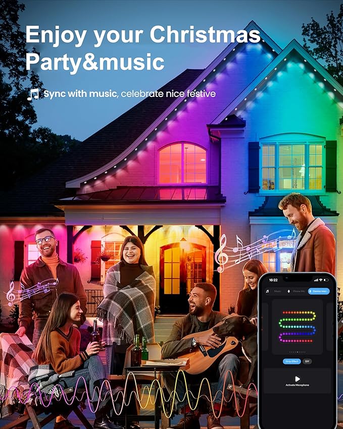 100ft Permanent Outdoor Smart Lights Pro with 60 RGBCW+IC LEDs & WiFi/Alexa Control, IP68 Waterproof Christmas Lights Outdoor Year-Round Lighting 108 Scene Modes for Daily, Halloween Décor