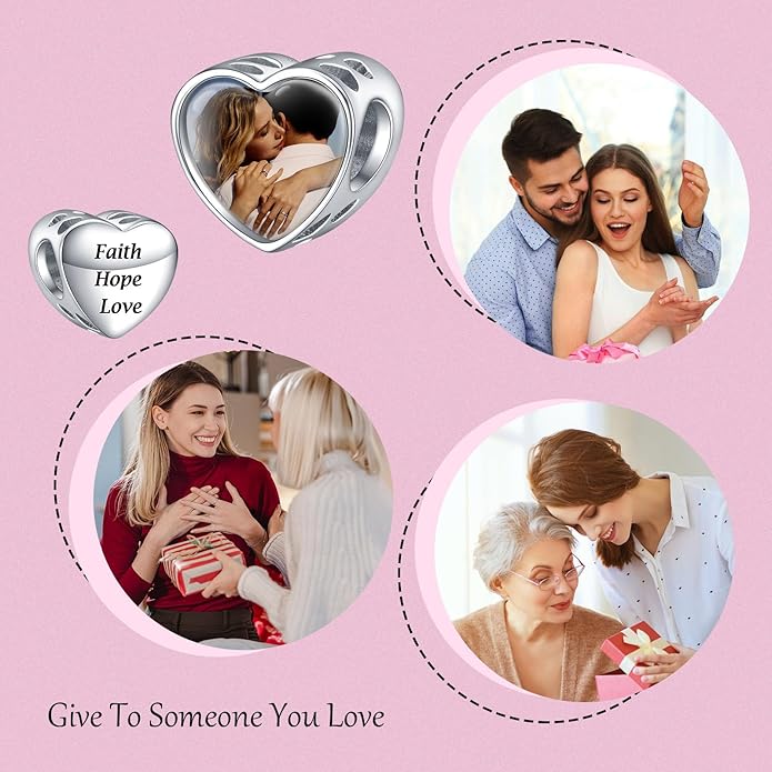 Annmors Personalized Photo Charms For Bracelets/Necklace 925 Sterling Silver Love Heart Shaped Engraved Customize Picture Gift for Birthday Mother's Day,Bead Charms Jewelry for Women