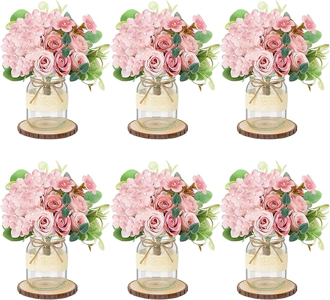 Set 6 Mason Jar Table Centerpiece - Wedding Centerpieces for Tables, Mason Jar Flower Centerpiece Vases Decor- Boho Farmhouse Rustic for Engagement, Bridal Shower, Wedding, Versatile Decor (Pink)