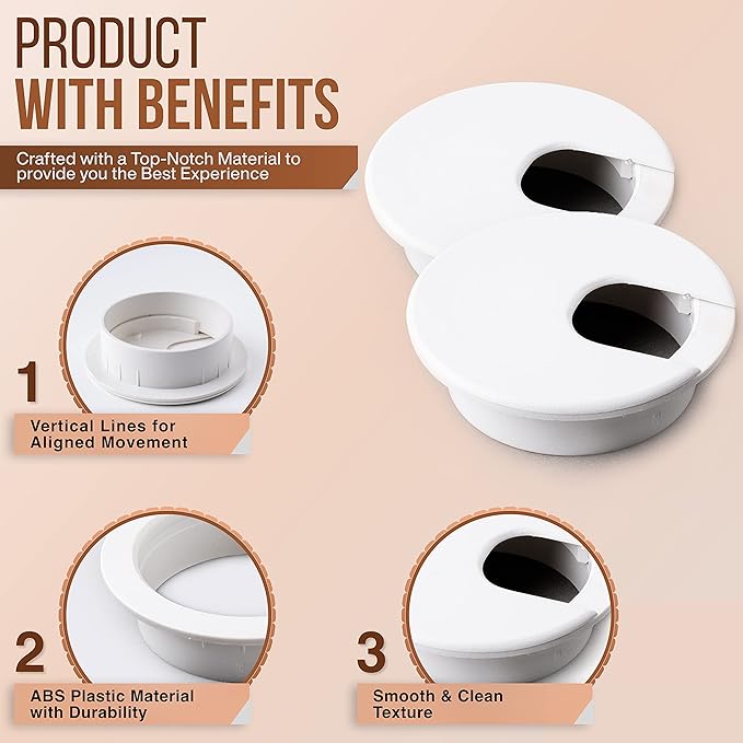 MAHDPRO Desk Grommet White 2 Inch (50 mm) Pack of 5-ABS Plastic Desk Cord Hole Cover to Arrange Cables & Wires Through Computer Table/Countertops