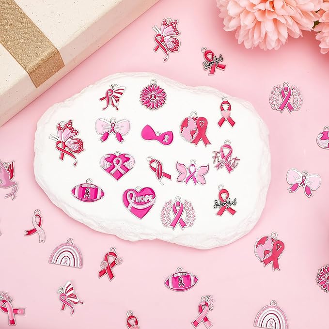 MARFOREVER 40 Pcs/20 Pairs Breast Cancer Awareness Charms, Pink Ribbon Charm Hope Ribbon Pendants for Bracelet Necklace Earrings Making Accessories for Jewelry Making