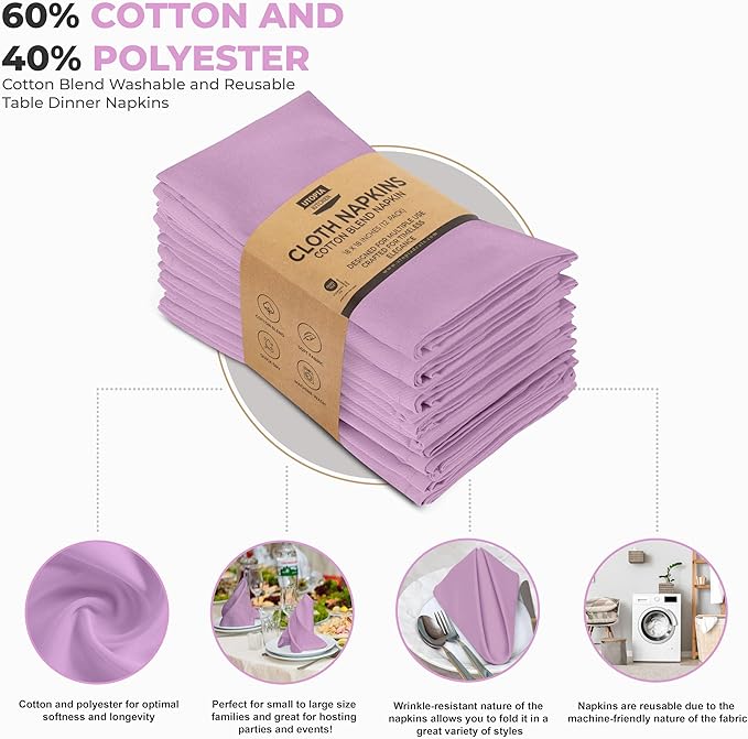 Utopia Kitchen Lavender Cloth Napkins [12 Pack, 18x18 Inch] Absorbent Cotton Blend Washable and Reusable for Dinner, Restaurant, Lunch, Wedding and Hotel