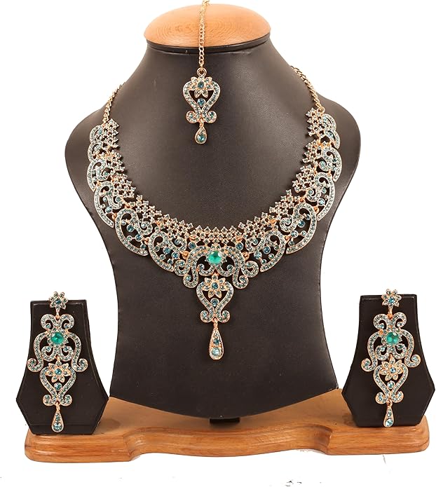 Touchstone Indian jewelry set for women bollywood gold jewellery wedding outfits necklace sets earrings bridal maang tikka fancy costume girls big desi accessories rhinestone in gold or silver tone