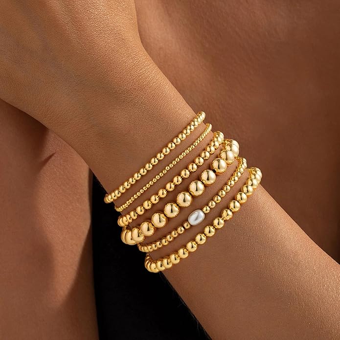 Gold Bead Bracelets for Women Girls - 14K Gold Plated Dainty Round Bead Ball Pearl Cross Bracelet Stack for Women Teenage Girls Stackable Jewelry Christmas Gifts