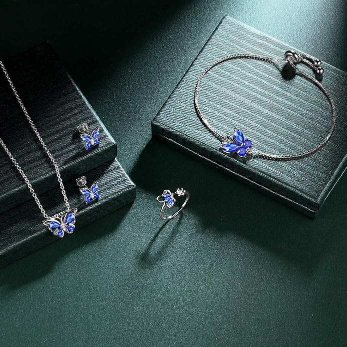925 Sterling Silver Birthstone Butterfly Jewelry Women Crystal Animal Cute Butterflies Birthday Necklace/Earring/Ring/Bracelet Sets Birth Stone Statement Anniversary Jewellery