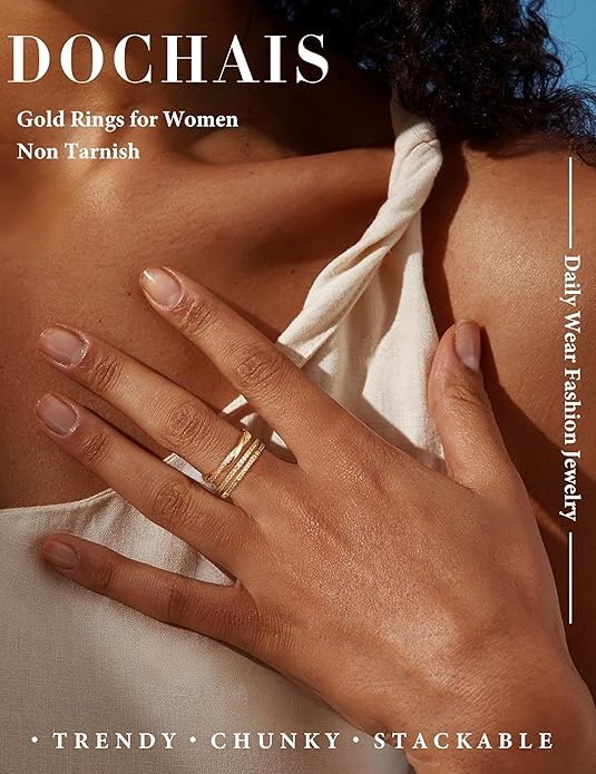Dochais 5PCS Stackable Gold Silver Rings for Women, Non Tarnish Dainty Cubic Zirconia Rings, 14K Gold Plated Minimalist Wedding Band Rings Set, Trendy Statement Stacking Rings Size 5-10