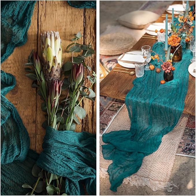 RestfulGlow12 Pack Teal Cheesecloth Table Runner 10FT Boho Gauze Fabric Table Runner 35 x 120 Inch Rustic Sheer Runner for Centerpiece Wedding Decor Baby Shower Party Boho Table Decoration(Teal)