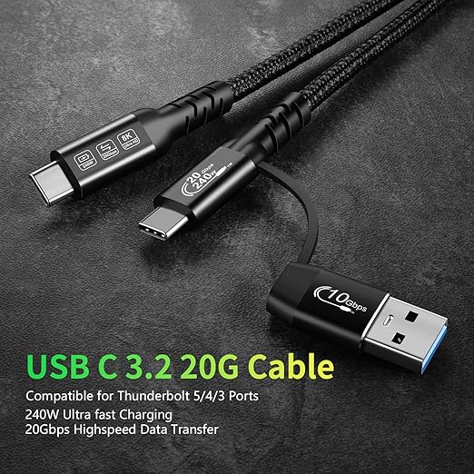 CABLEDECONN USB2.0 A to USB C 3.2 Type C 20Gbps Male to Male Detachable 2m 6.6ft Cable Data Extension 10Gbps 240W Fast Charge 8K Ultra HD Video Data Connection Power Line