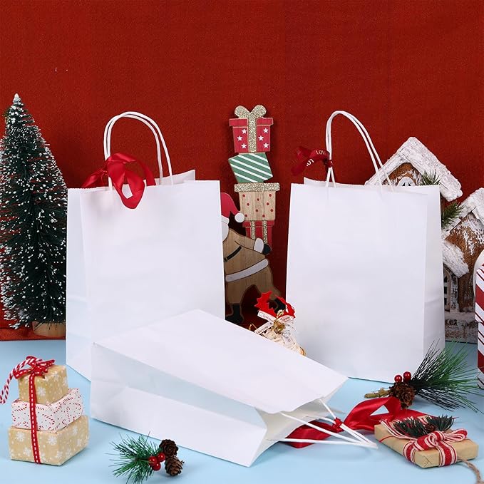 OUTUXED 120pcs Gift Bags - White Kraft Paper Bags with Handles, Medium Size 7.1x3.6x9.3in - Perfect for Parties and Businesses