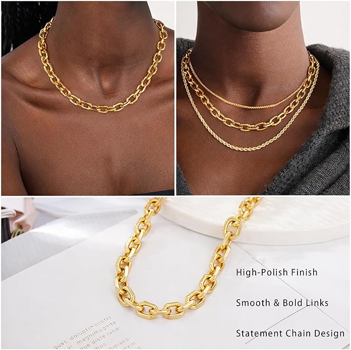 Gold Necklace for Women - Chunky 14K Gold Plated Chain Necklace Cuban Link Paperclip Chain Herringbone Statement Choker Necklace for Women Simple Trendy Jewelry Gifts