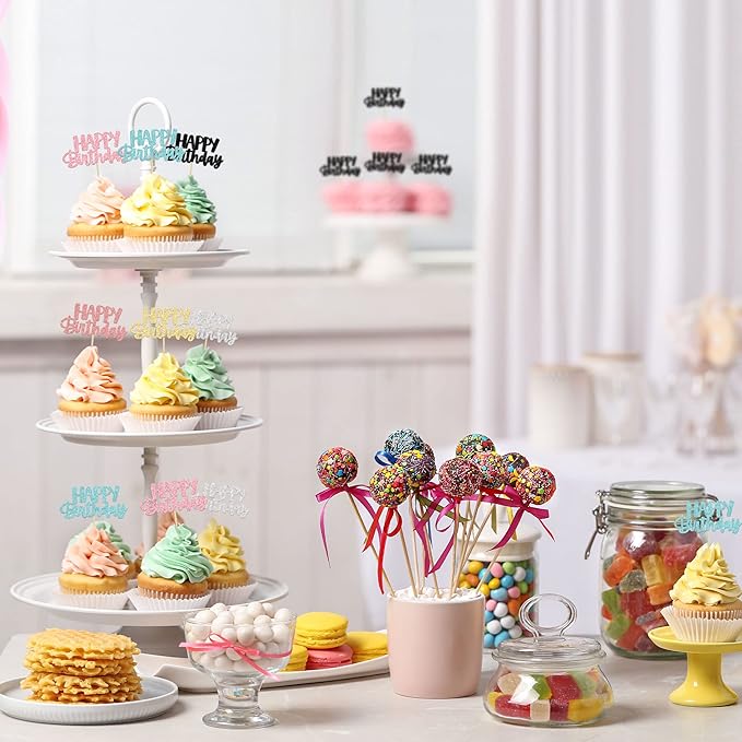 Gyufise 24Pcs Happy Birthday Cupcake Toppers Glitter Birthday Cupcake Food Picks for Celebrating Happy Birthday Party Cake Decorations Supplies Six Colors
