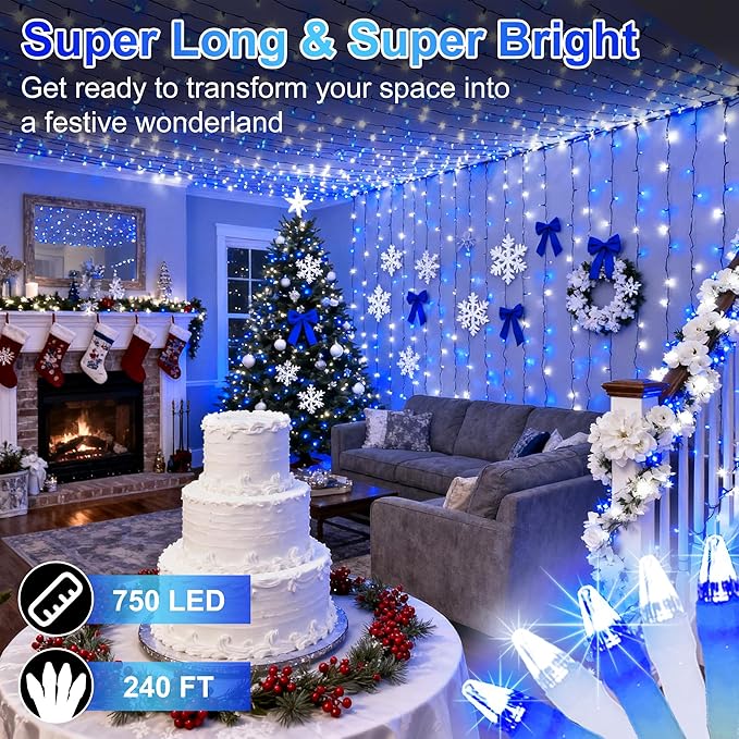 750 LED 240FT Christmas String Lights Outdoor, 12 Pro Modes and Timer Memory & Brightness, Plug in Outdoor Waterproof Clear Wire Twinkle Light for for Xmas Yard Tree Wedding Party Decor (Blue & White)