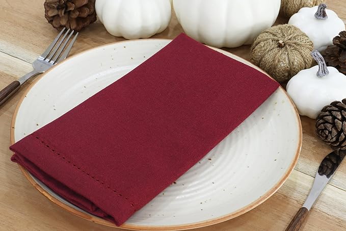 PurpleEssences Set of 6 Hemstitch Cloth Dinner Napkins 100% Cotton - Soft Durable Washable - Ideal for Wedding Christmas Holiday Winter - Perfect Everyday Use Table Linen 18x18 - Burgundy