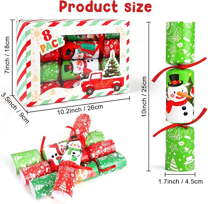 8 Pack Non-Snap Christmas Table Party Favors with Party Hats Joke Little Gifts for Kids Adults, Christmas Snowman Design, Xmas Seasonal Holiday Dinner Traditions Supplies