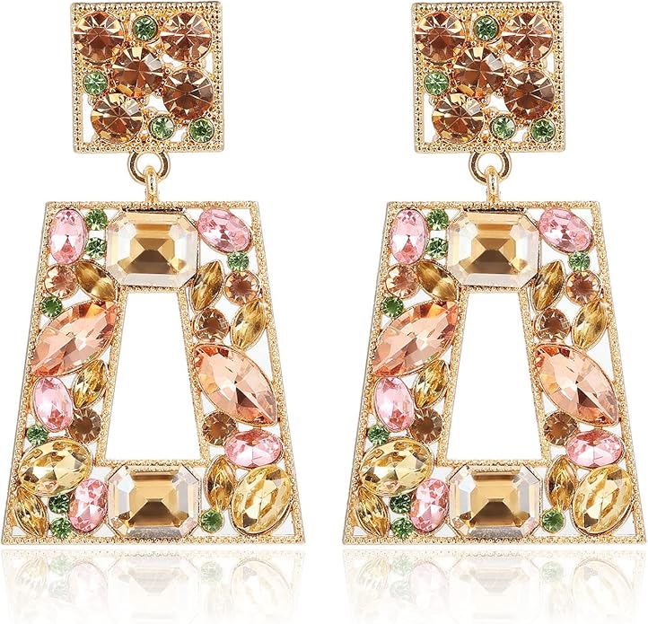 Rhinestone Rectangle Statement Earrings Colorful Crystal Geometric Drop Dangle Earrings for Women Prom Party